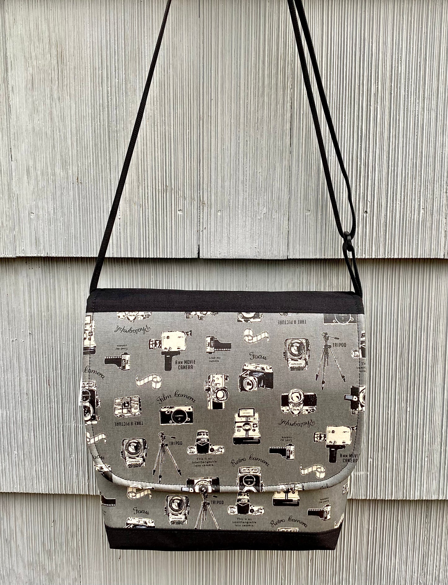 Tall Messenger Bag in Vintage Cameras Gray