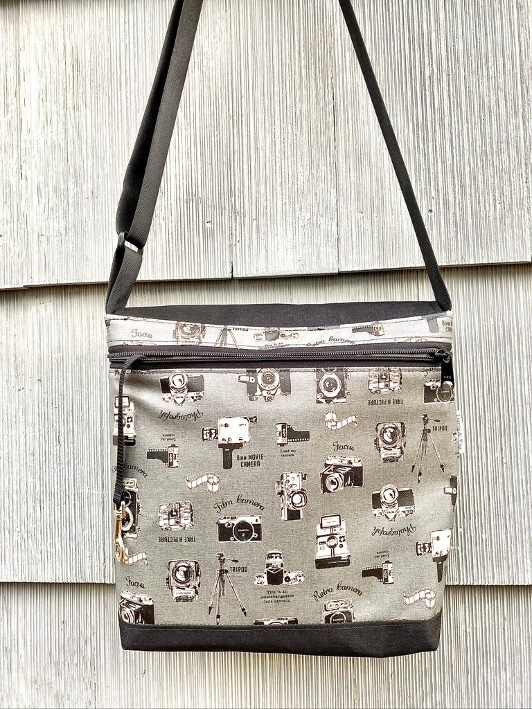 Tall Messenger Bag in Vintage Cameras Gray