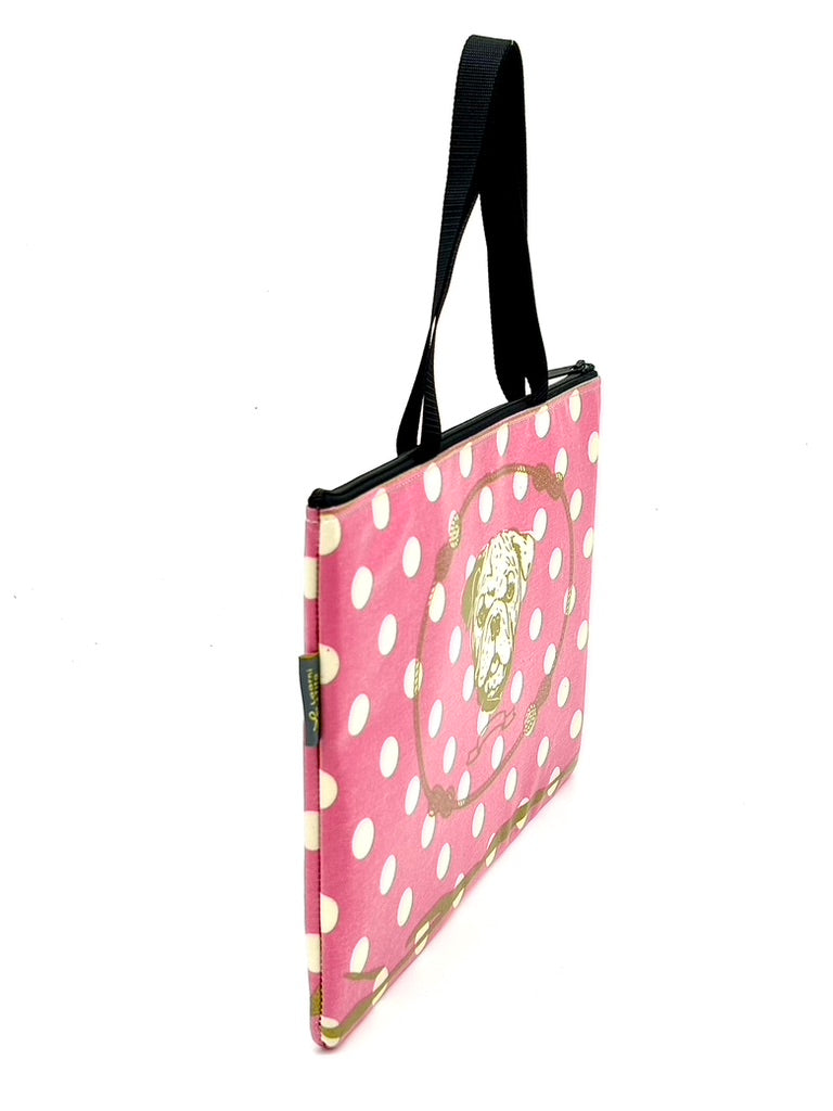 Laptop Sleeve in Gold Bulldog on White/Pink polka dot