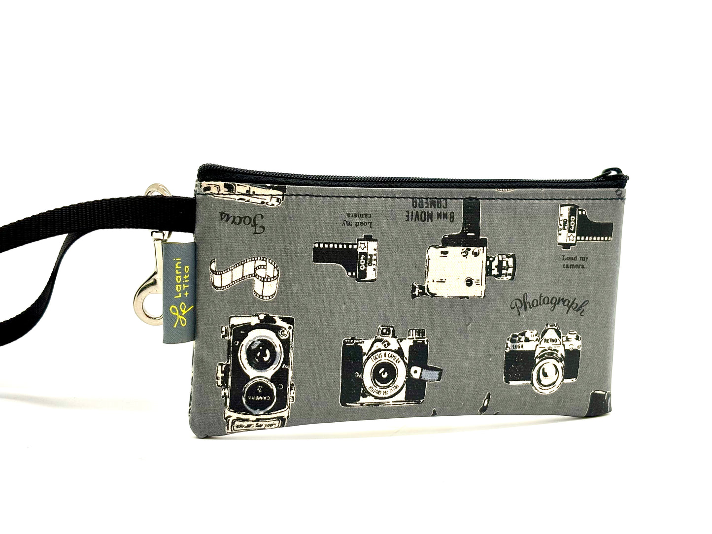 Small Wristlet in Vintage Cameras Gray