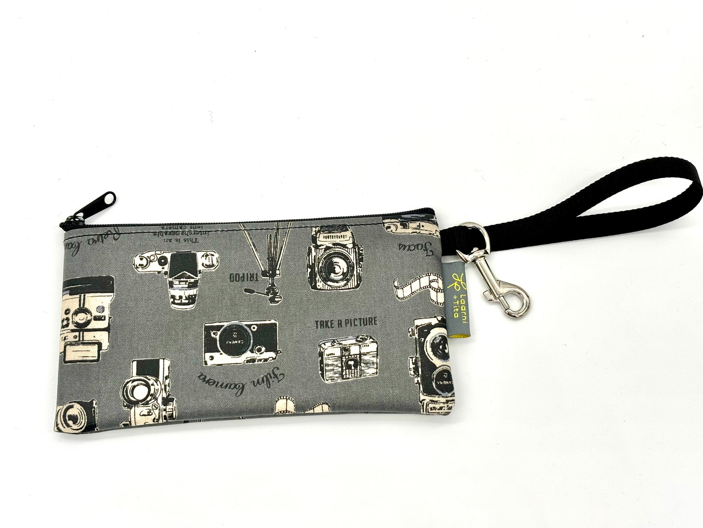 Small Wristlet in Vintage Cameras Gray