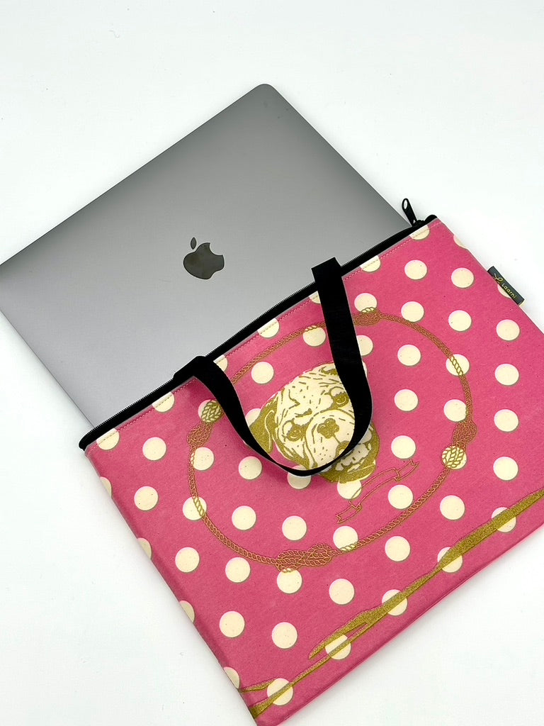 Laptop Sleeve in Gold Bulldog on White/Pink polka dot