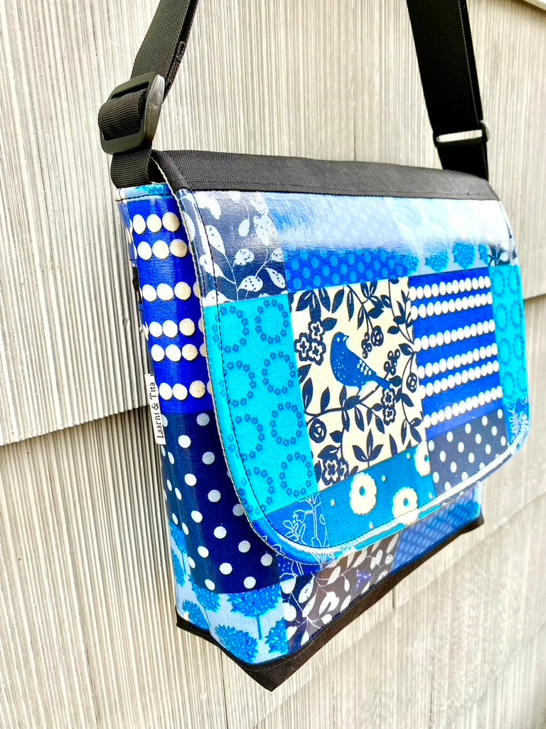 Tall Messenger Bag in Blue Patchwork