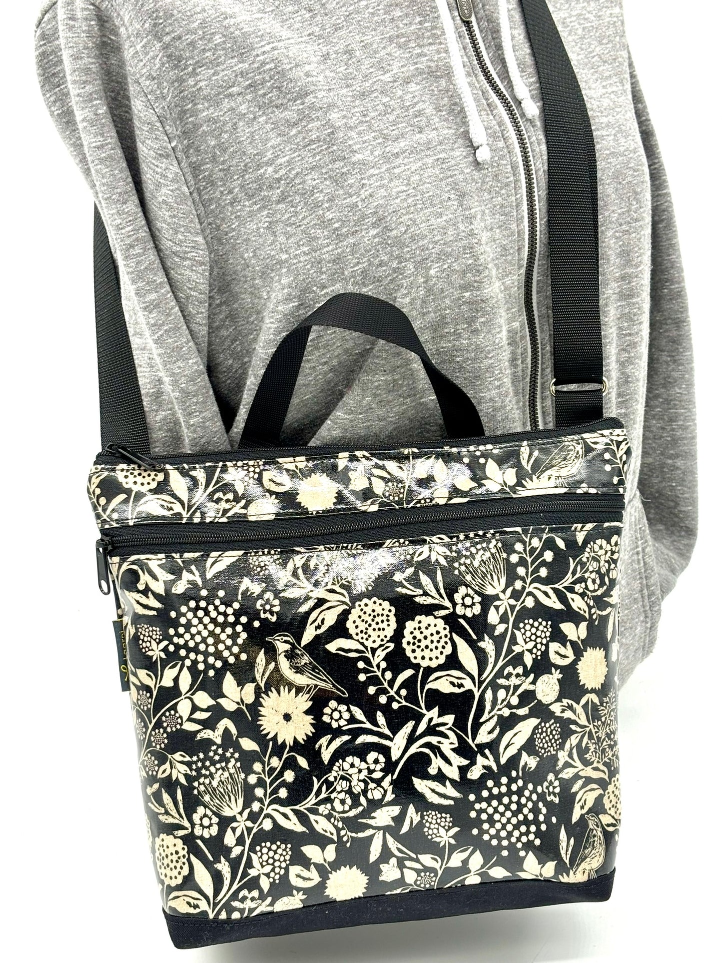 Large Travel Purse in Wildflowers Black and Cream