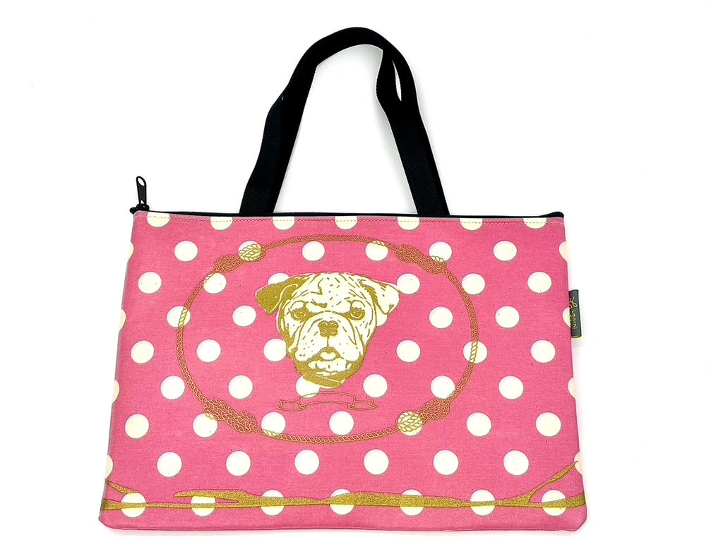 Laptop Sleeve in Gold Bulldog on White/Pink polka dot