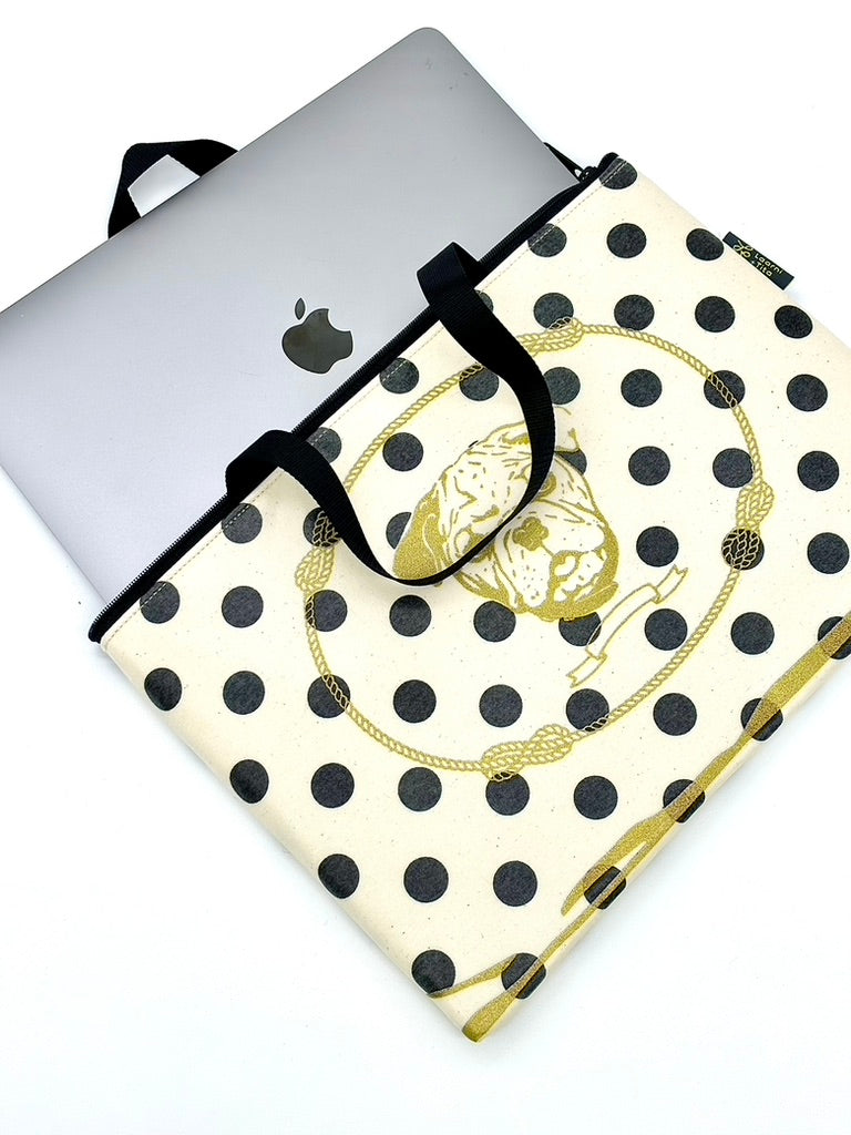 Laptop Sleeve in Gold Bulldog on Black/Cream polka dot