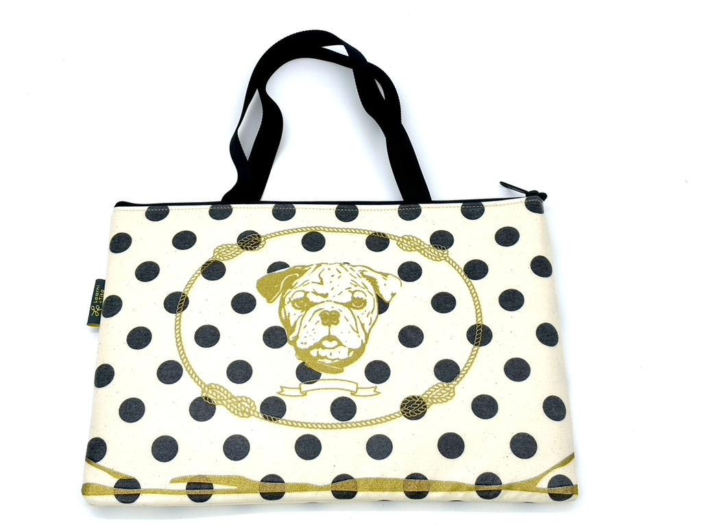 Laptop Sleeve in Gold Bulldog on Black/Cream polka dot