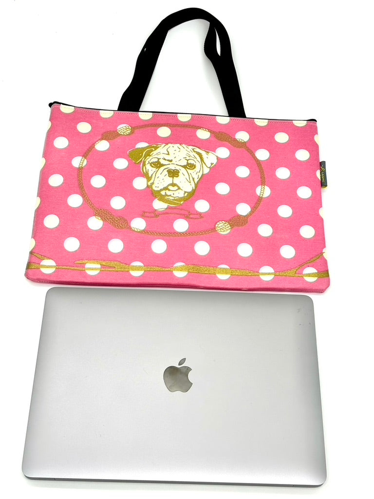 Laptop Sleeve in Gold Bulldog on White/Pink polka dot