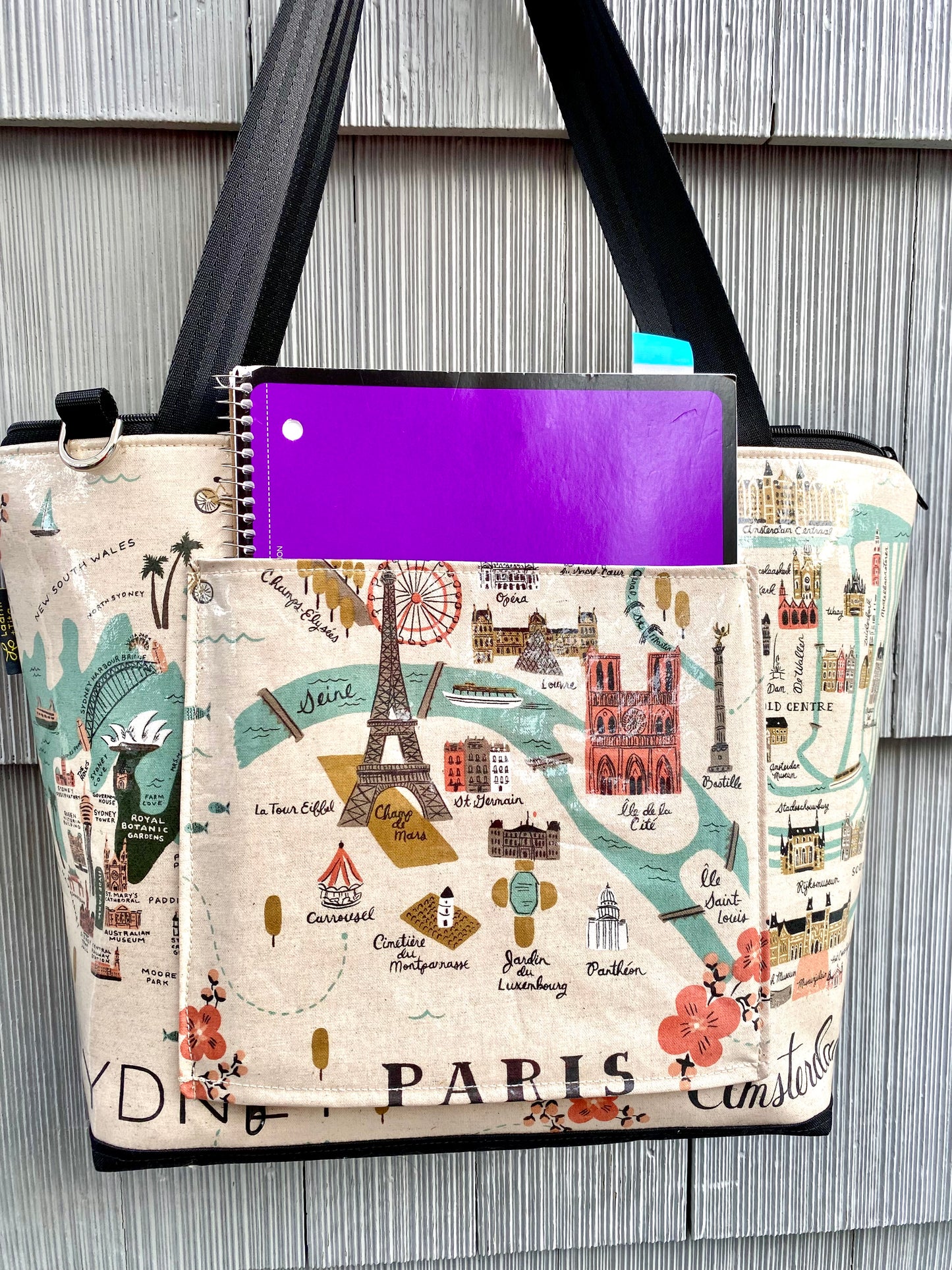 Lydia Tote w/trolley sleeve in Cities print