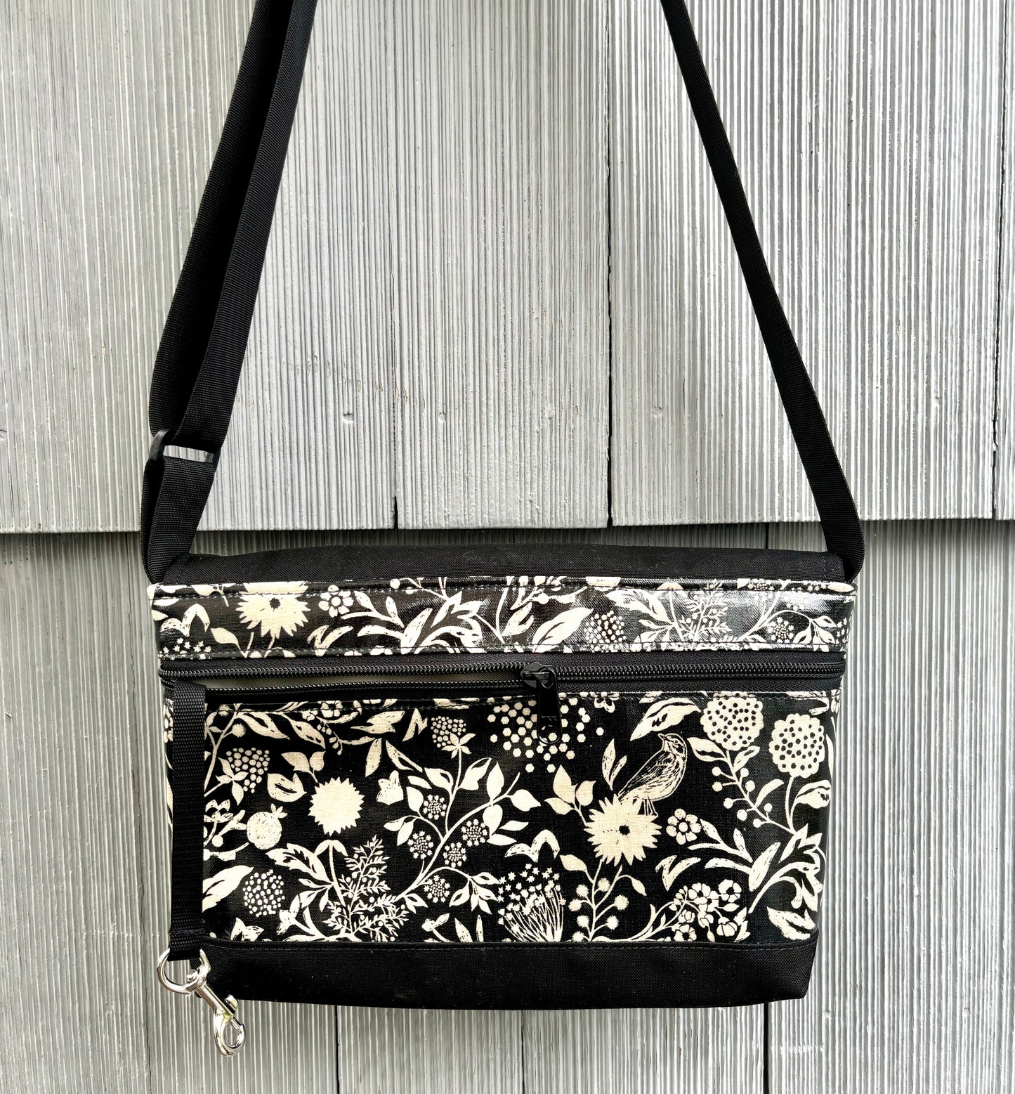 Short Messenger Bag in Wildflowers Black and Cream