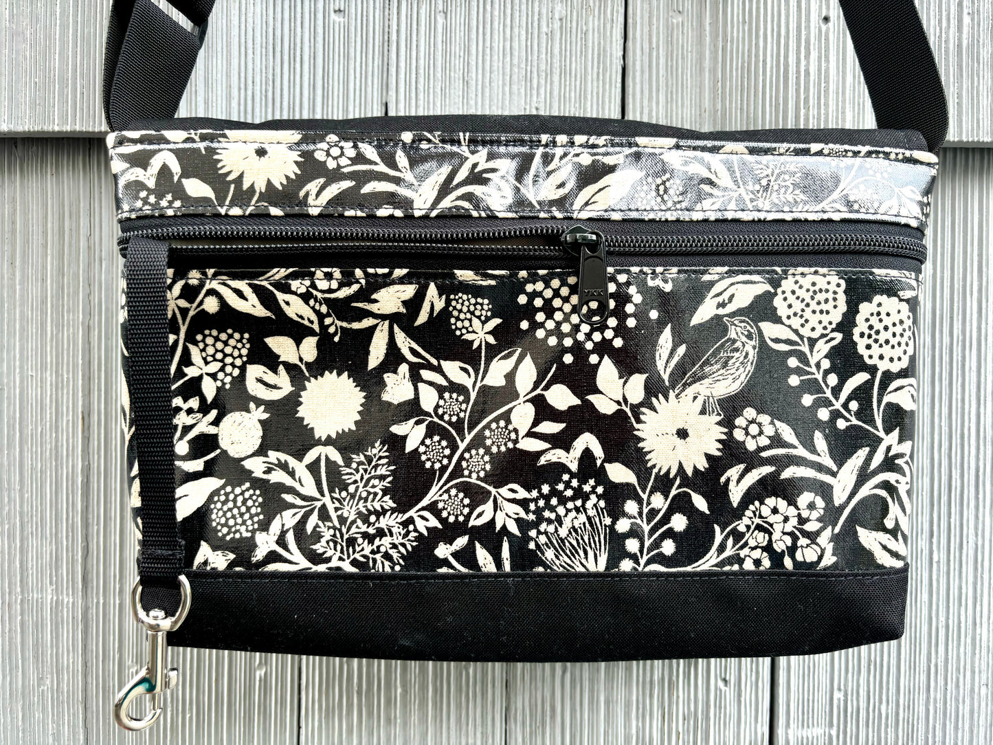 Short Messenger Bag in Wildflowers Black and Cream