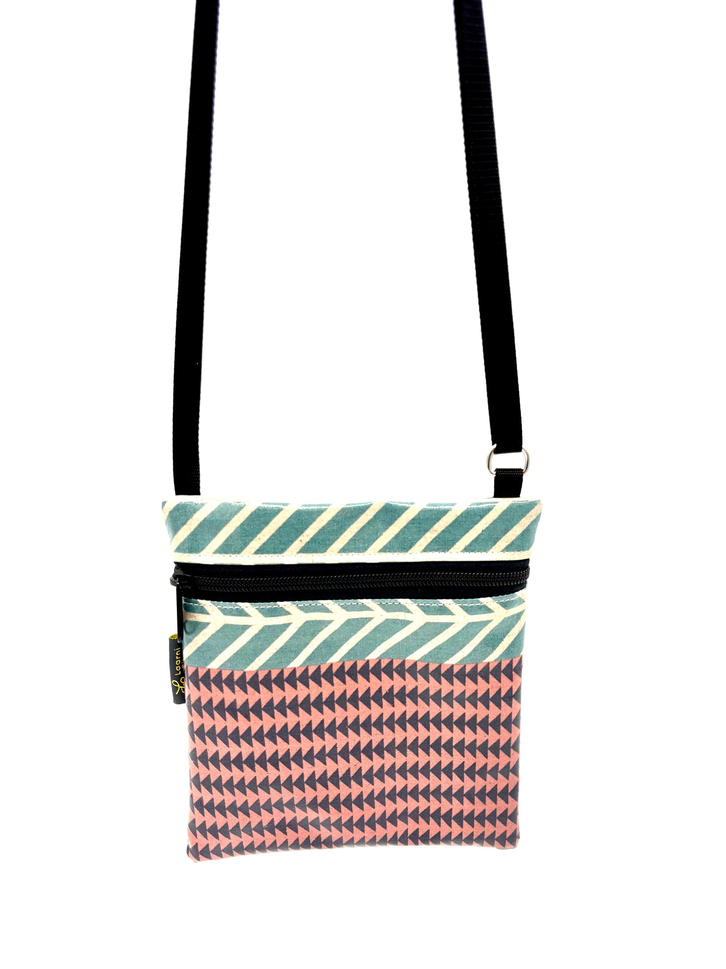 Small Travel Purse in Green/Pink/Mauve Lines/Triangles