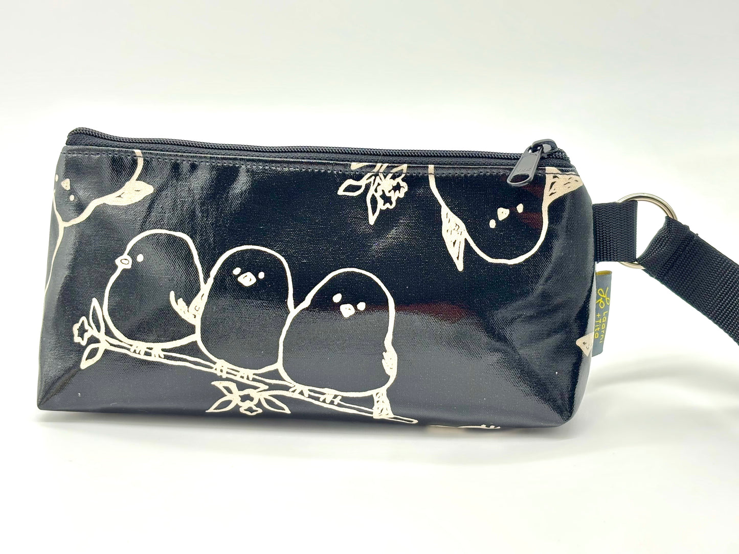 Medium Makeup Bag in Black Puffy Birds