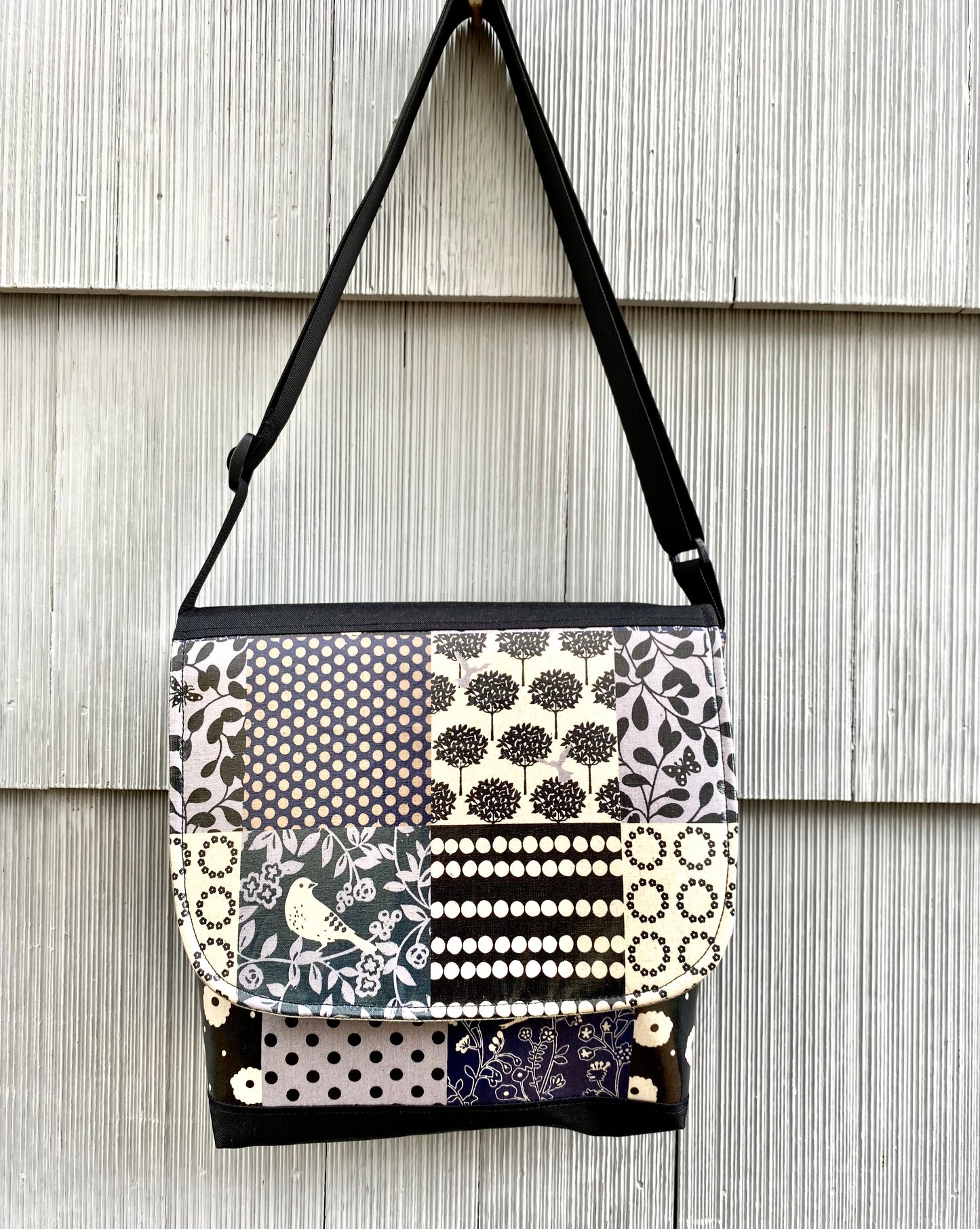 Tall Messenger Bag in Gray Bird Patchwork