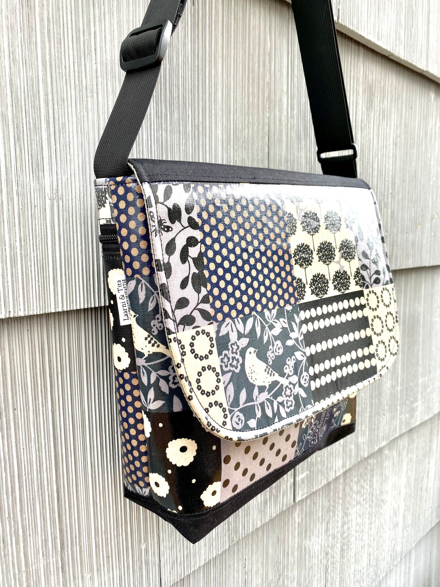 Tall Messenger Bag in Gray Bird Patchwork