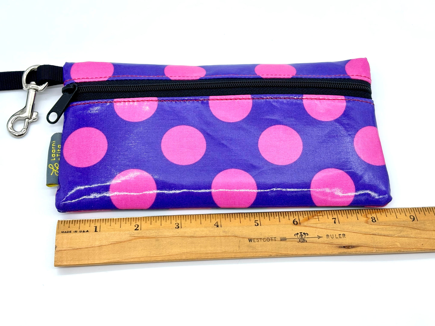 Large Wristlet in Pink Dots on Purple