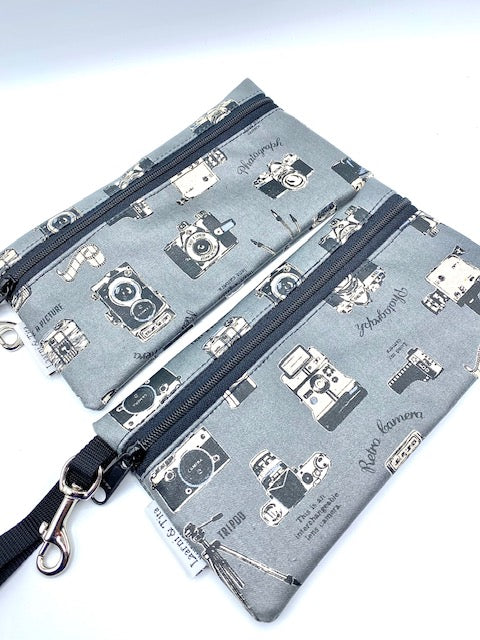 Large Wristlet in Vintage Cameras gray