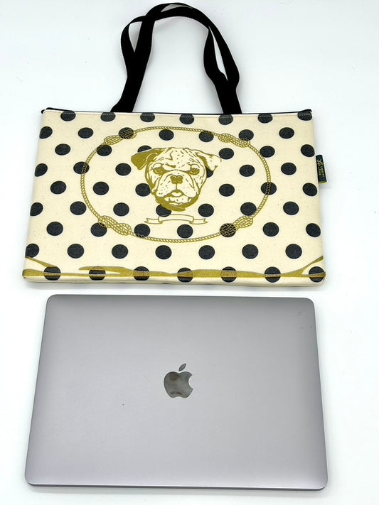 Laptop Sleeve in Gold Bulldog on Black/Cream polka dot