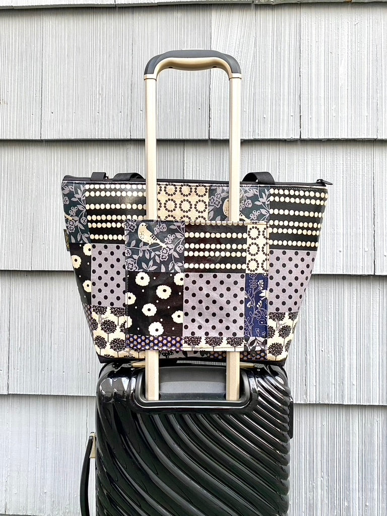 Lydia Tote w/trolley sleeve in Gray Bird Patchwork