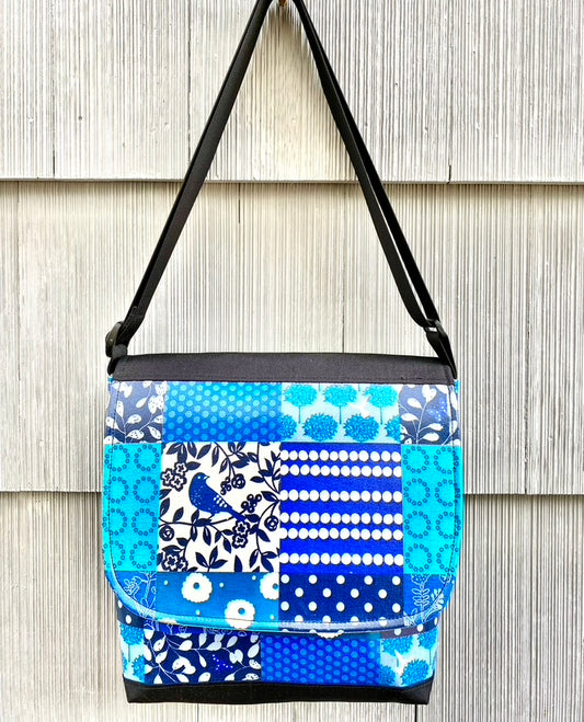 Tall Messenger Bag in Blue Patchwork