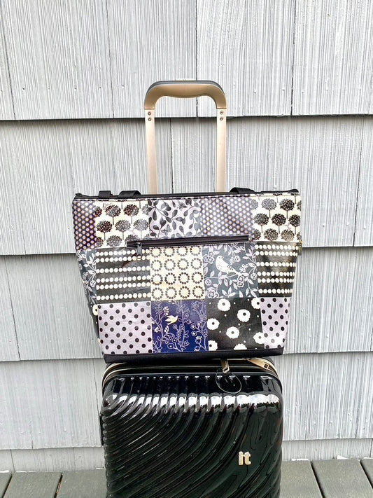 Lydia Tote w/trolley sleeve in Gray Bird Patchwork