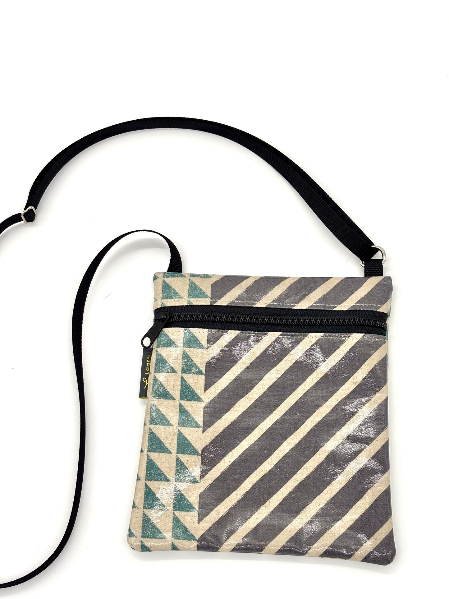 Small Travel Purse in Gray/Green Stripes/Angles