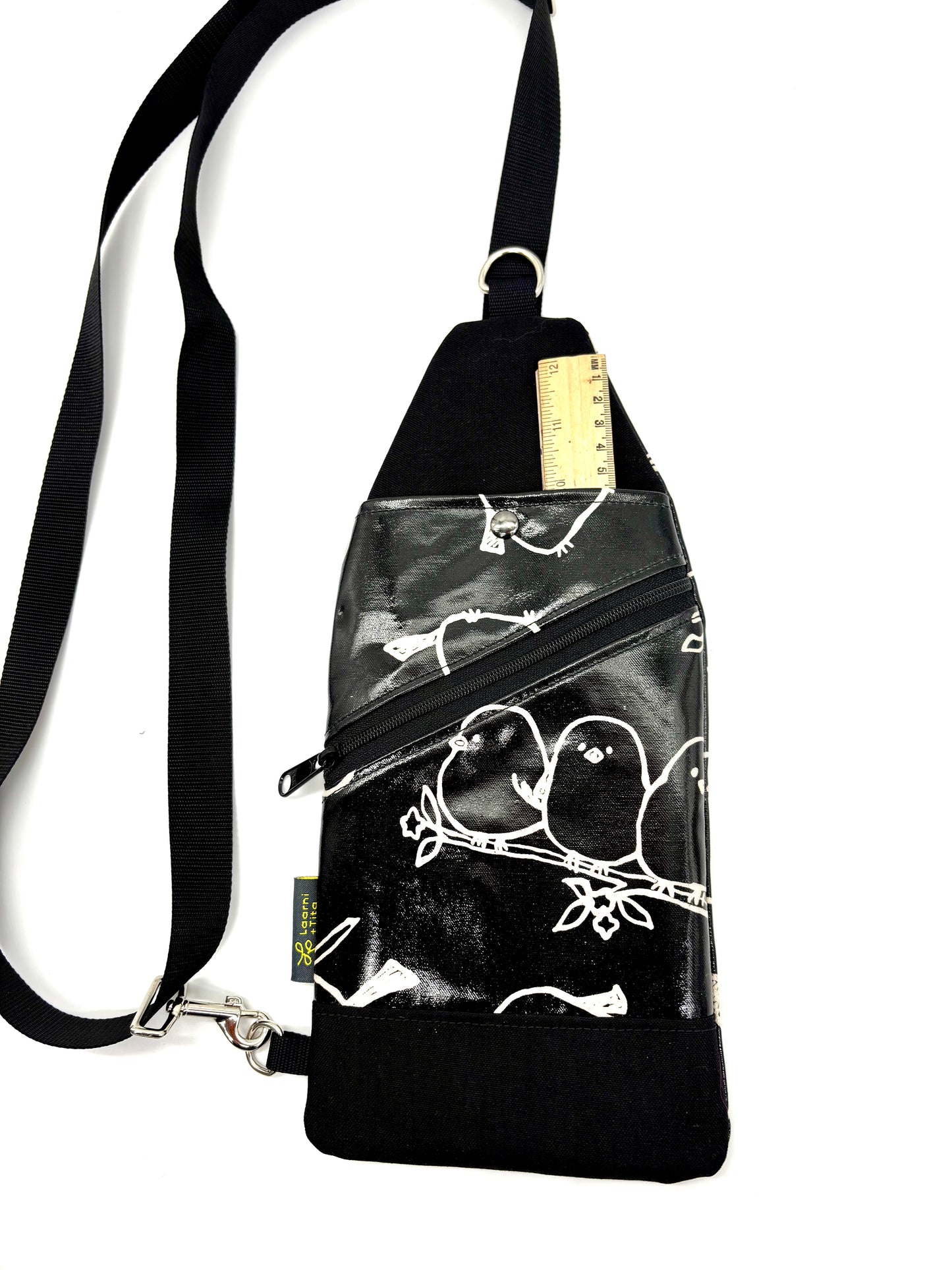 Travel Sling in Black Puffy Birds