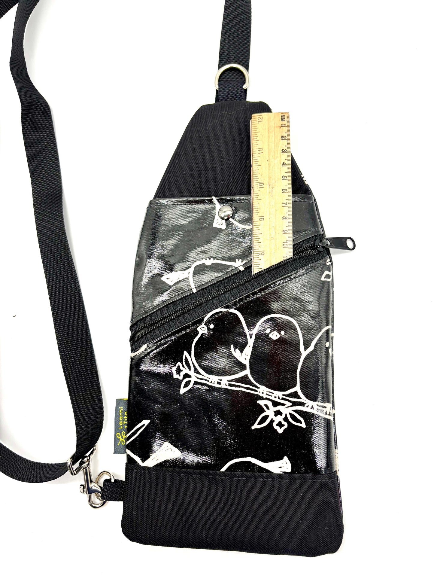 Travel Sling in Black Puffy Birds