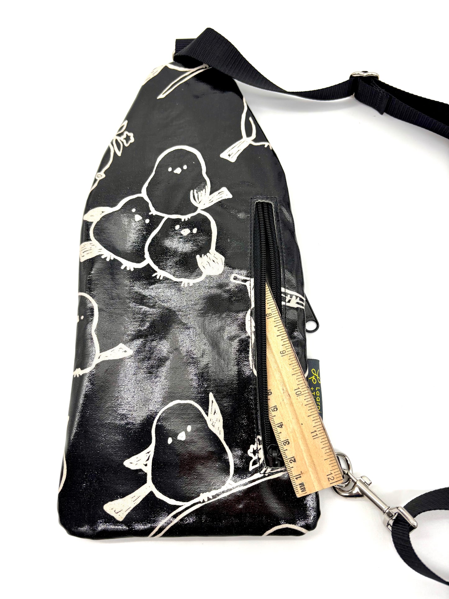 Travel Sling in Black Puffy Birds