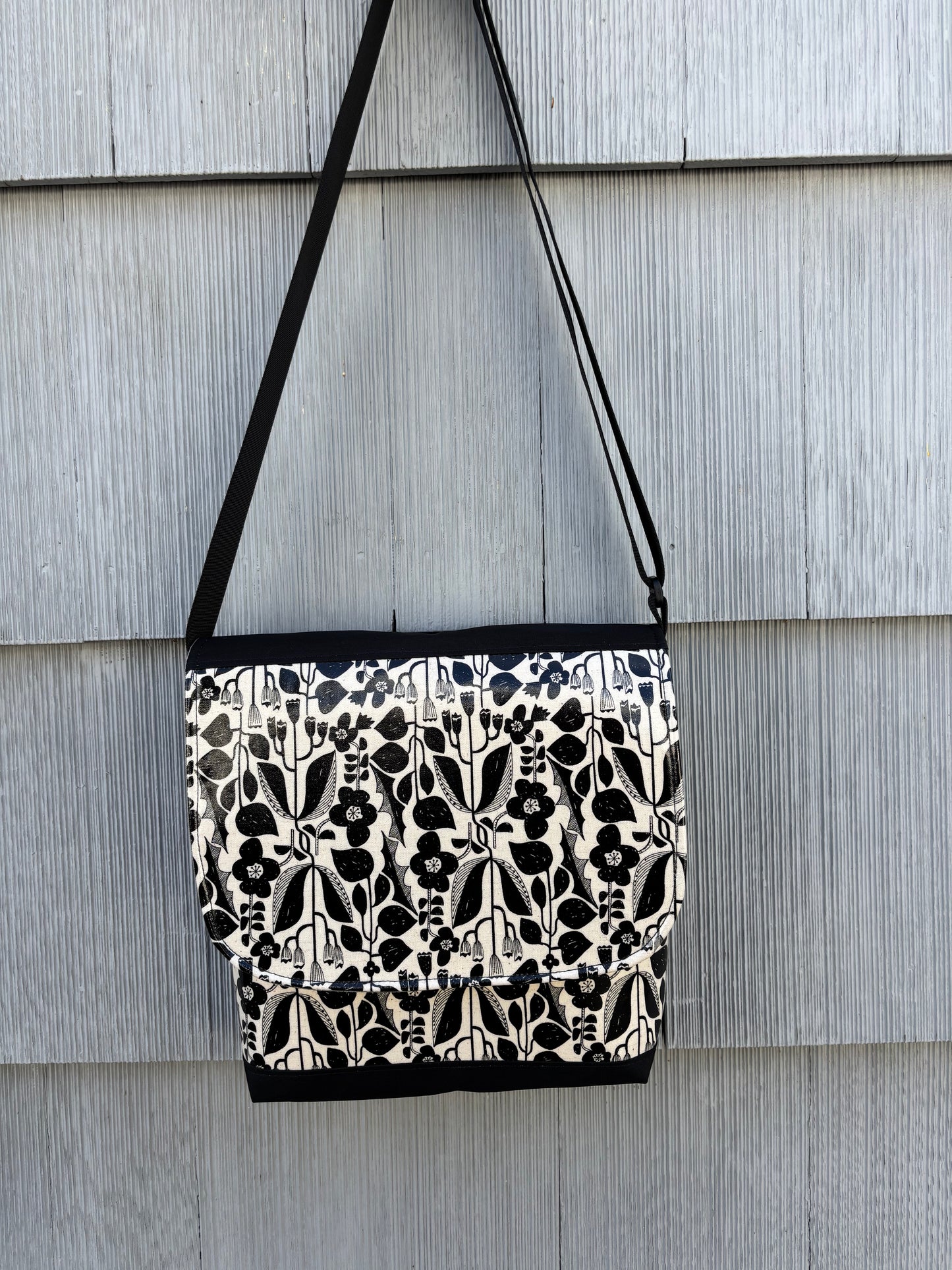 Tall Messenger Bag in Botanical Black and White