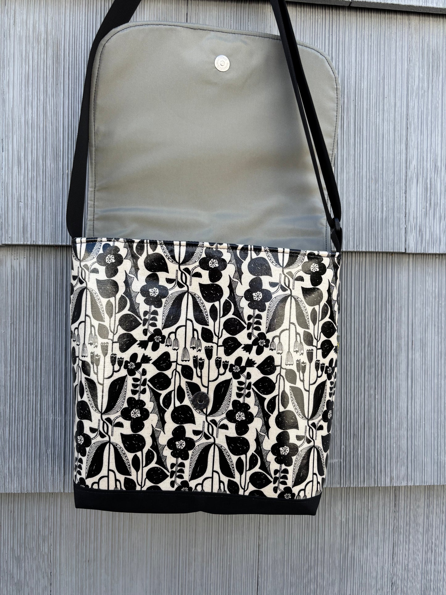 Tall Messenger Bag in Botanical Black and White