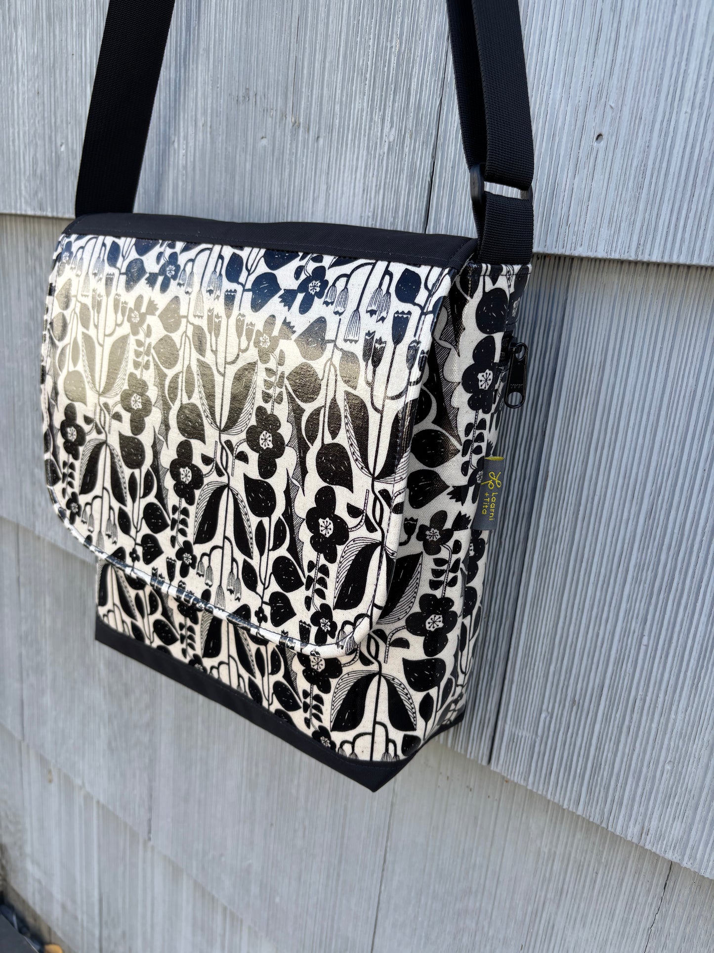 Tall Messenger Bag in Botanical Black and White