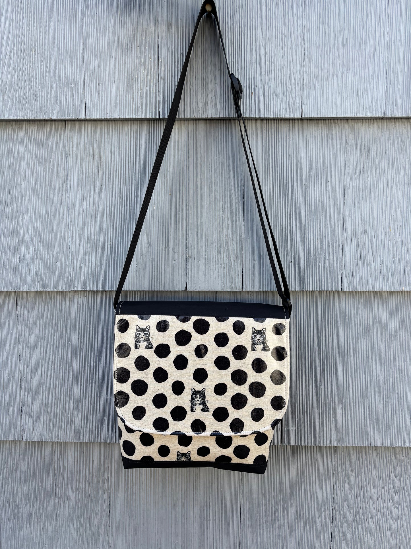 Tall Messenger Bag in Cat w/glasses Black Dots
