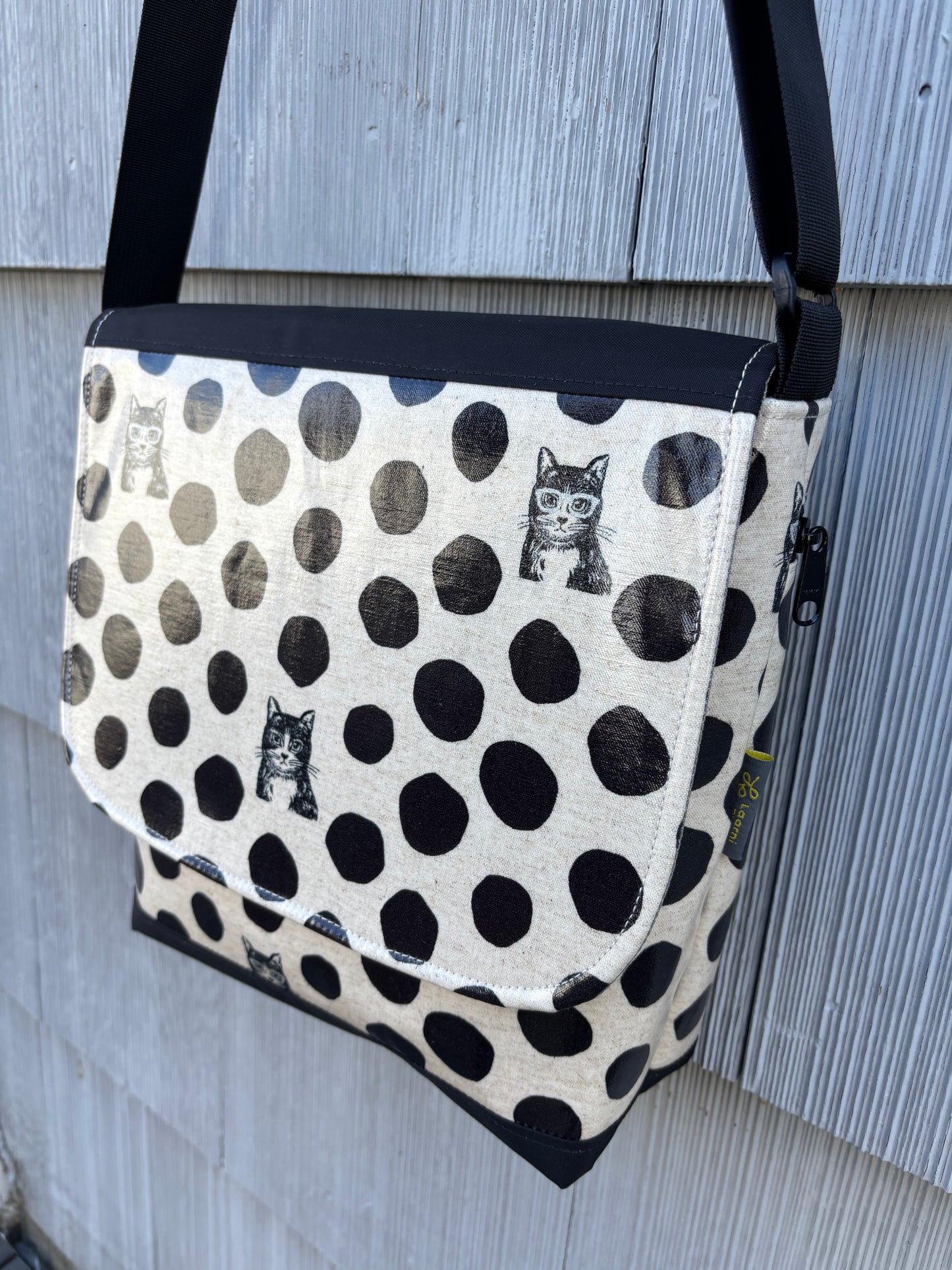 Tall Messenger Bag in Cat w/glasses Black Dots