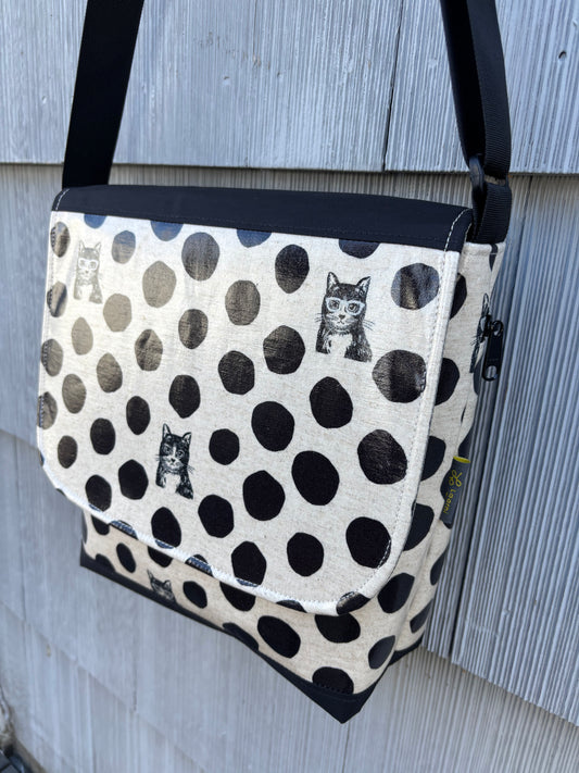 Tall Messenger Bag in Cat w/glasses Black Dots
