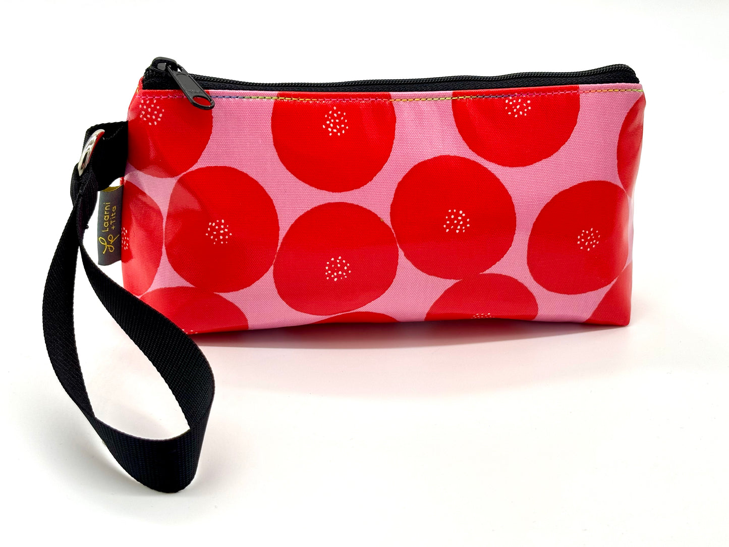 Medium Makeup Bag in Red Round with dots on Pink