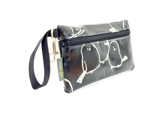 Large Wristlet in Black Puffy Birds