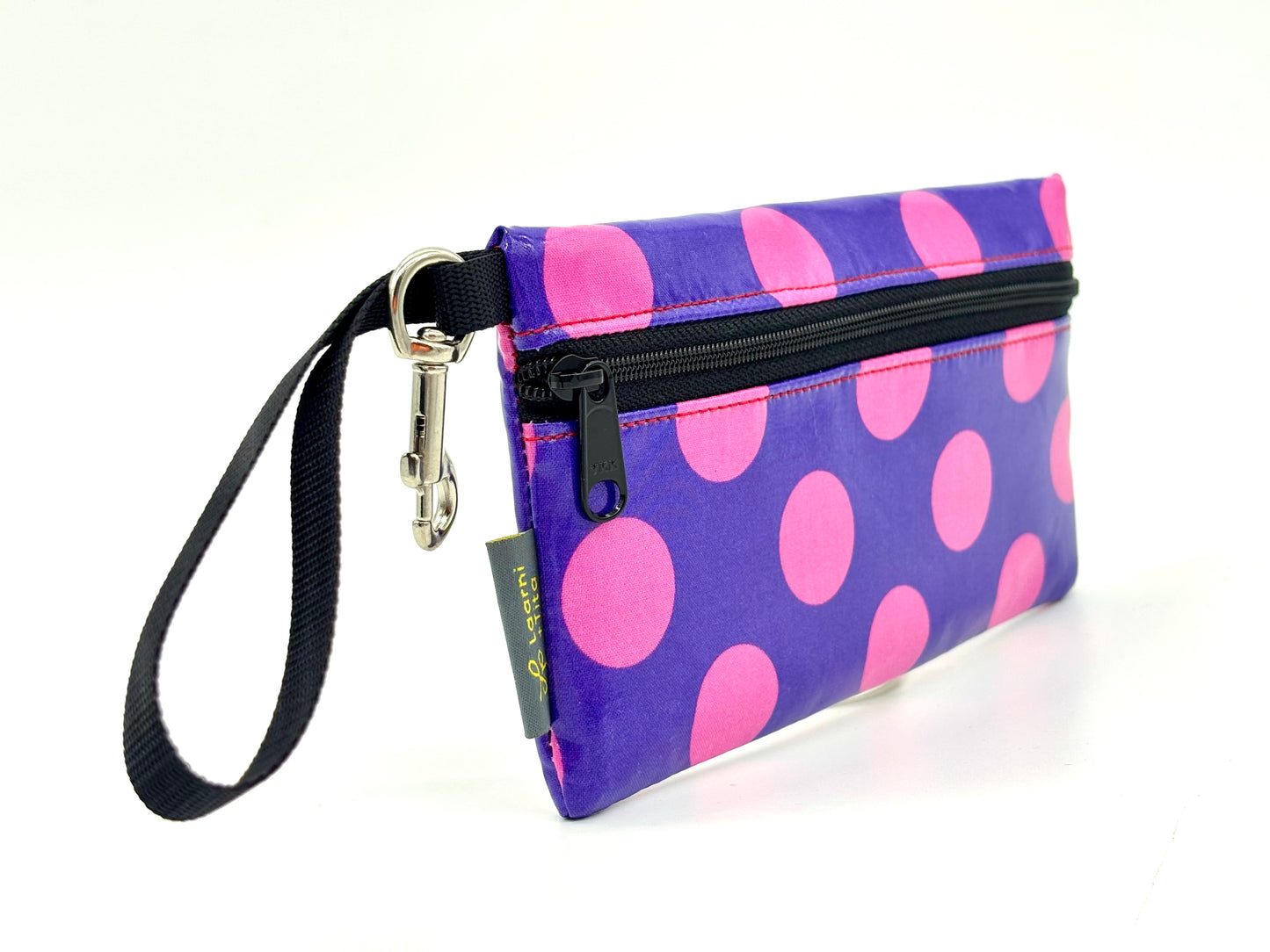 Large Wristlet in Pink Dots on Purple