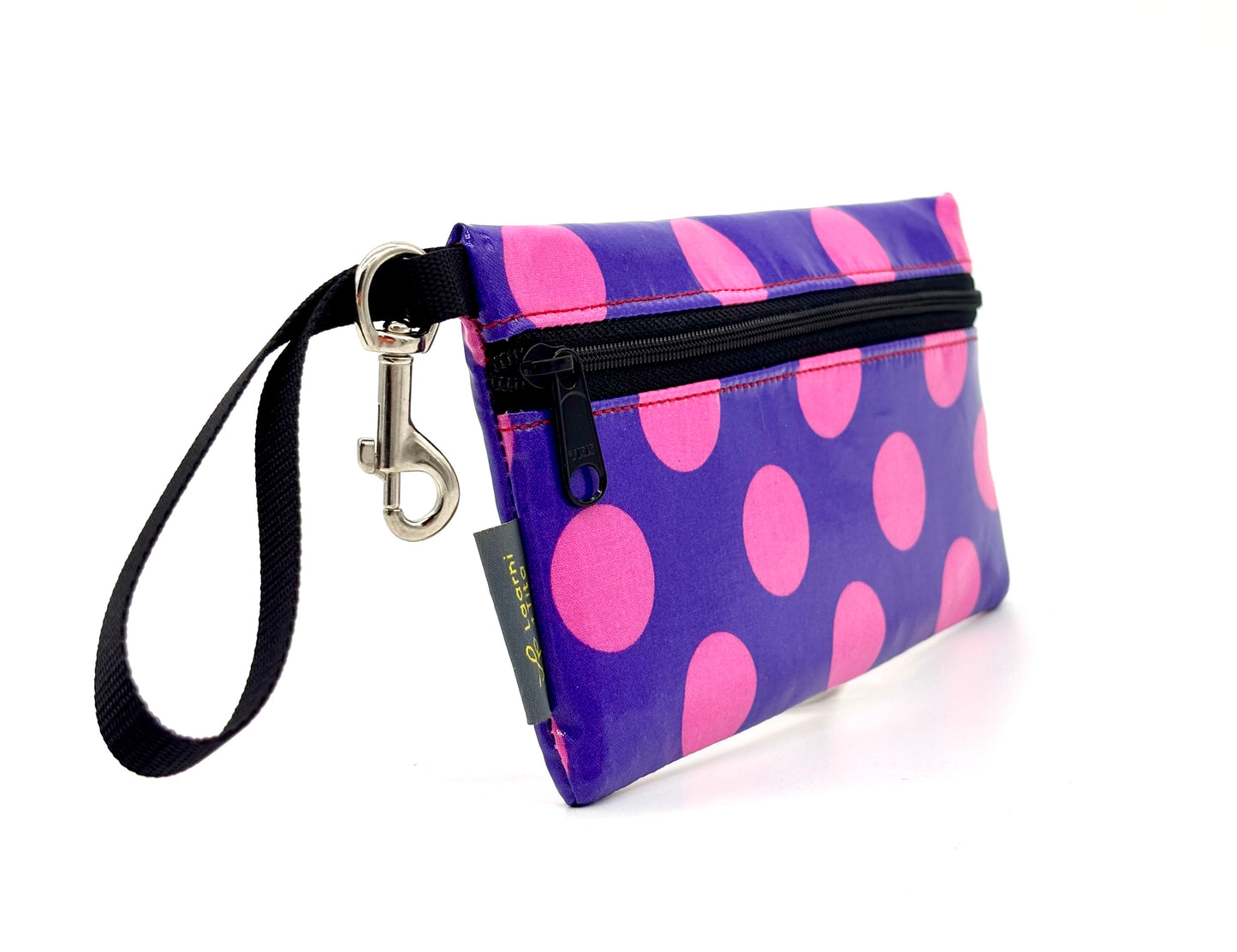 Large Wristlet in Pink Dots on Purple