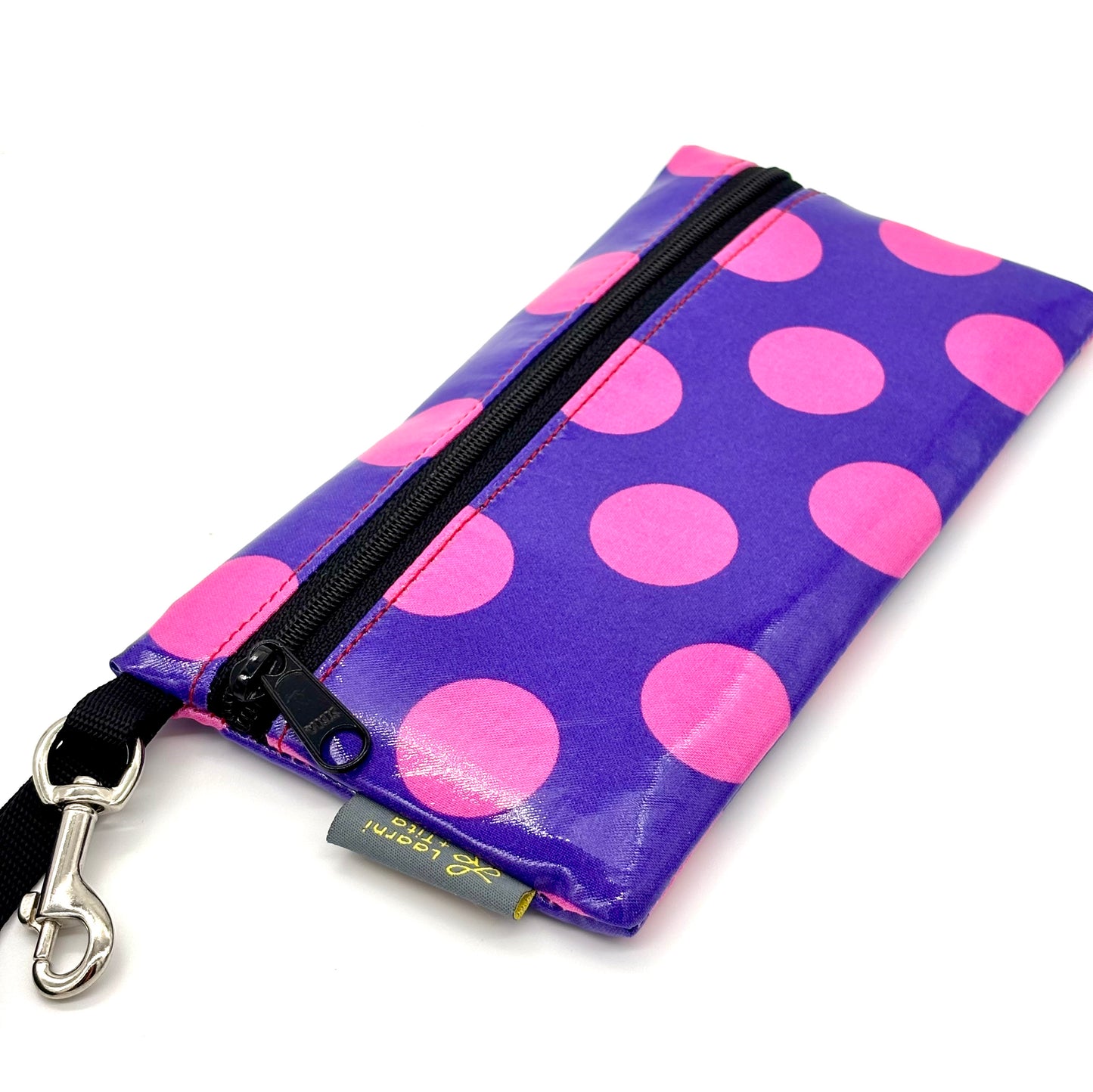 Large Wristlet in Pink Dots on Purple