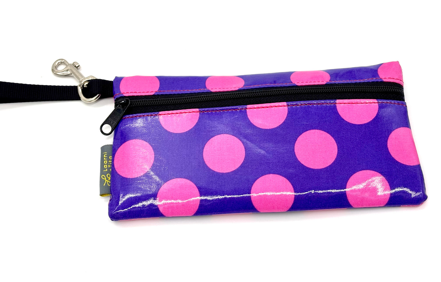 Large Wristlet in Pink Dots on Purple