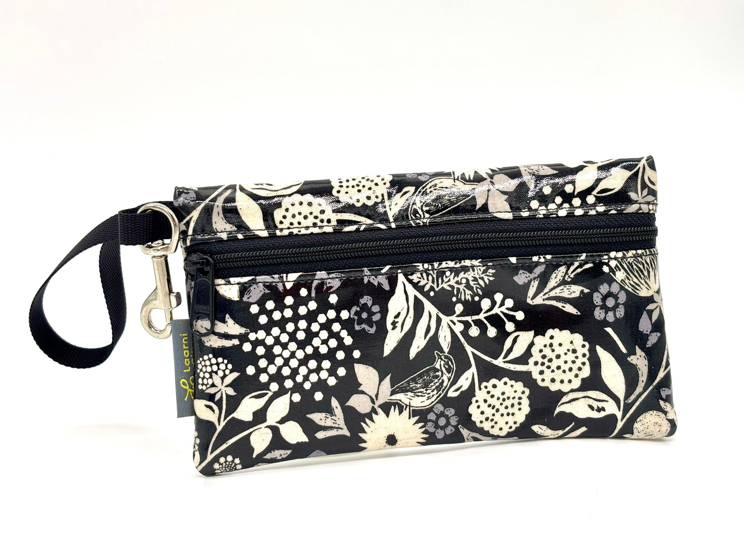 Medium Wristlet in Hidden Birds on Black