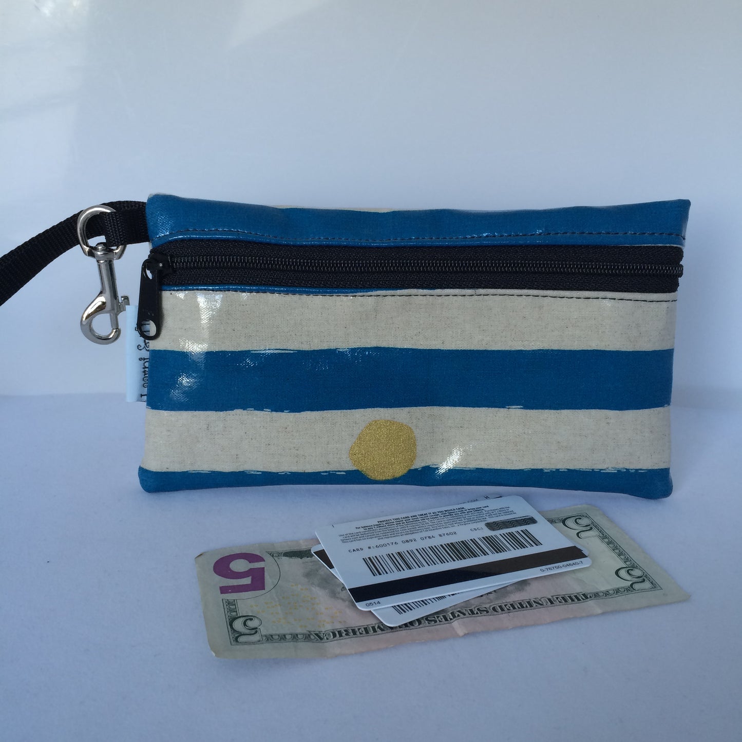 Large Wristlet in Blue with Gold Spots