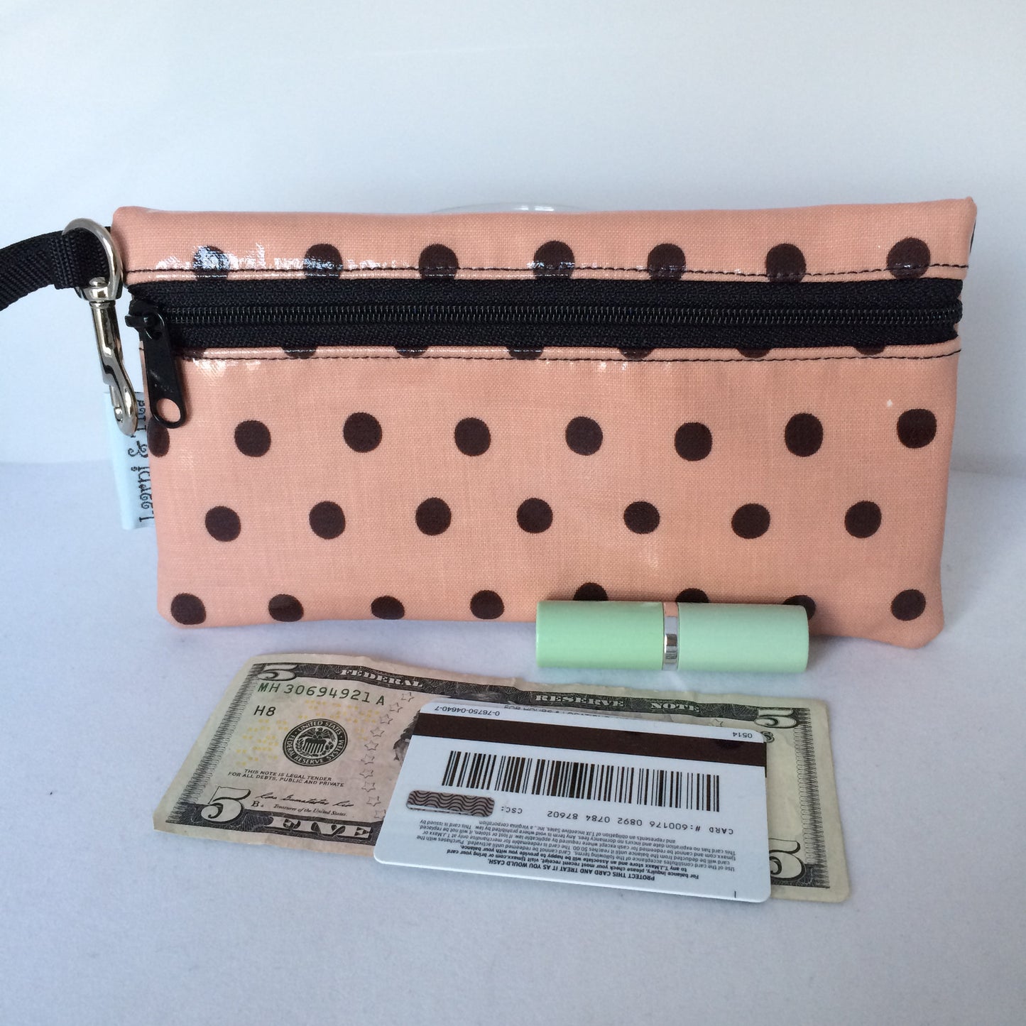 Large Wristlet in Polka Dots peach