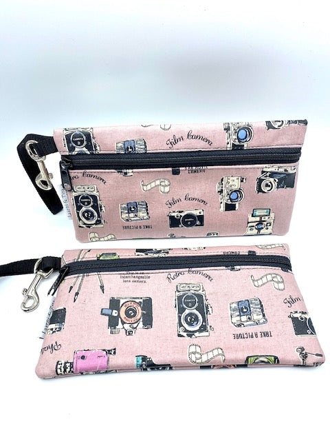 Large Wristlet in Vintage Cameras pink