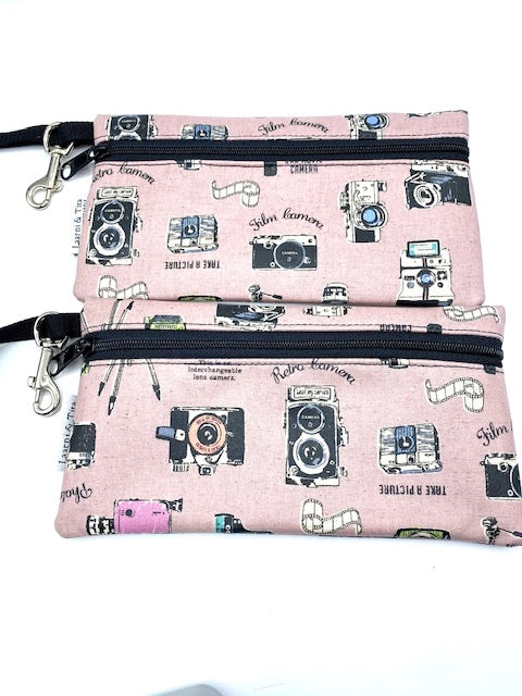 Large Wristlet in Vintage Cameras pink