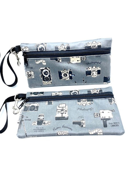 Large Wristlet in Vintage Cameras gray