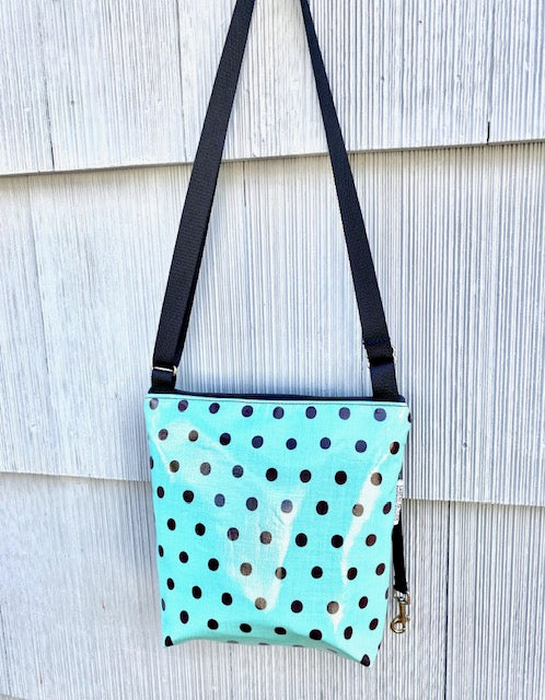 Medium Travel Purse in Teal polka dot