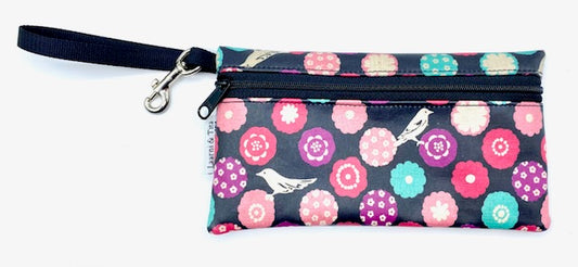 Large Wristlet in Dark Plum Bird Print