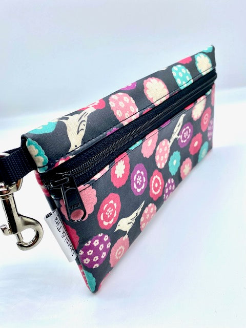 Large Wristlet in Dark Plum Bird Print